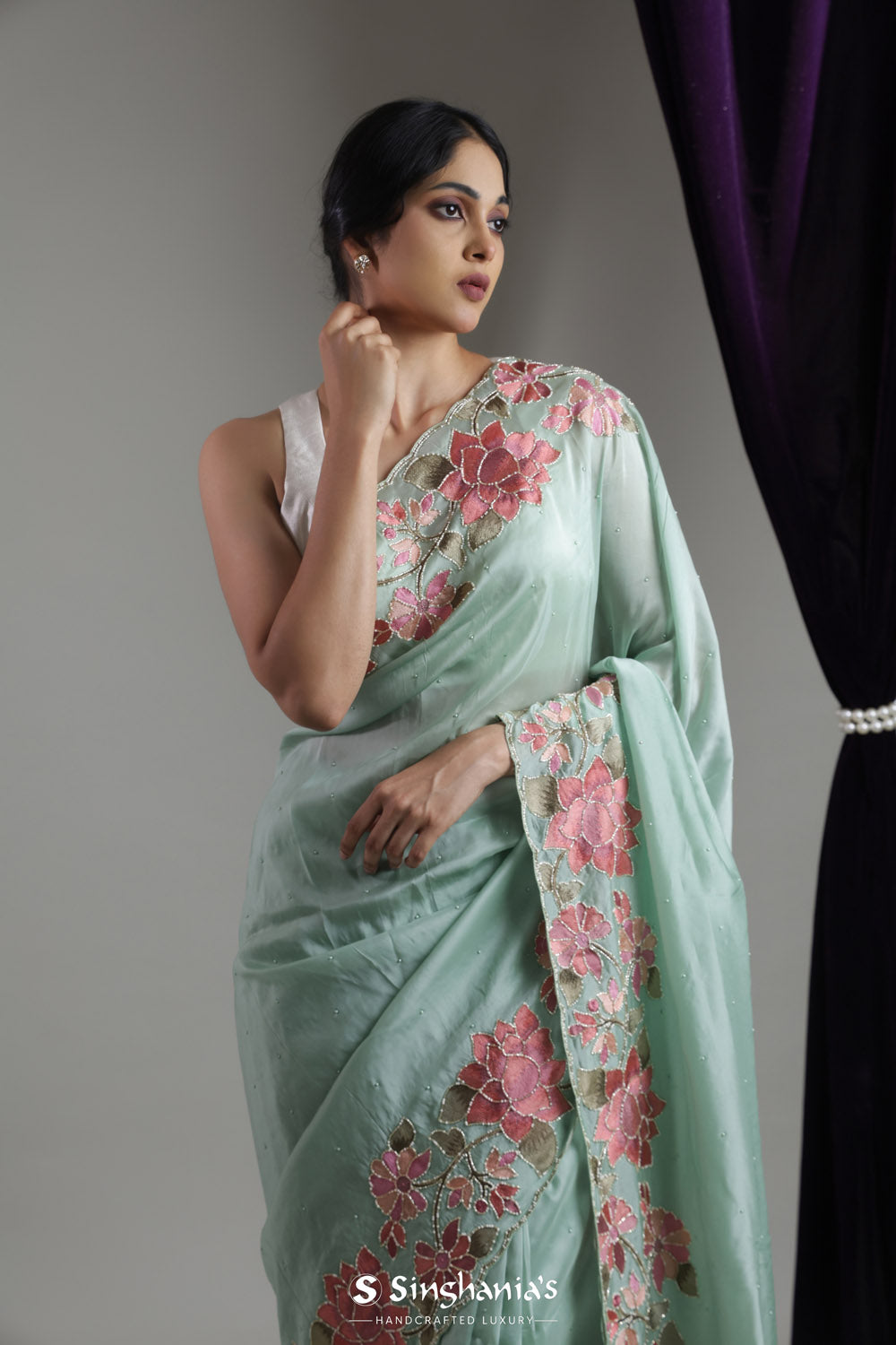 Brook Green Organza Designer Saree With Embroidery Border