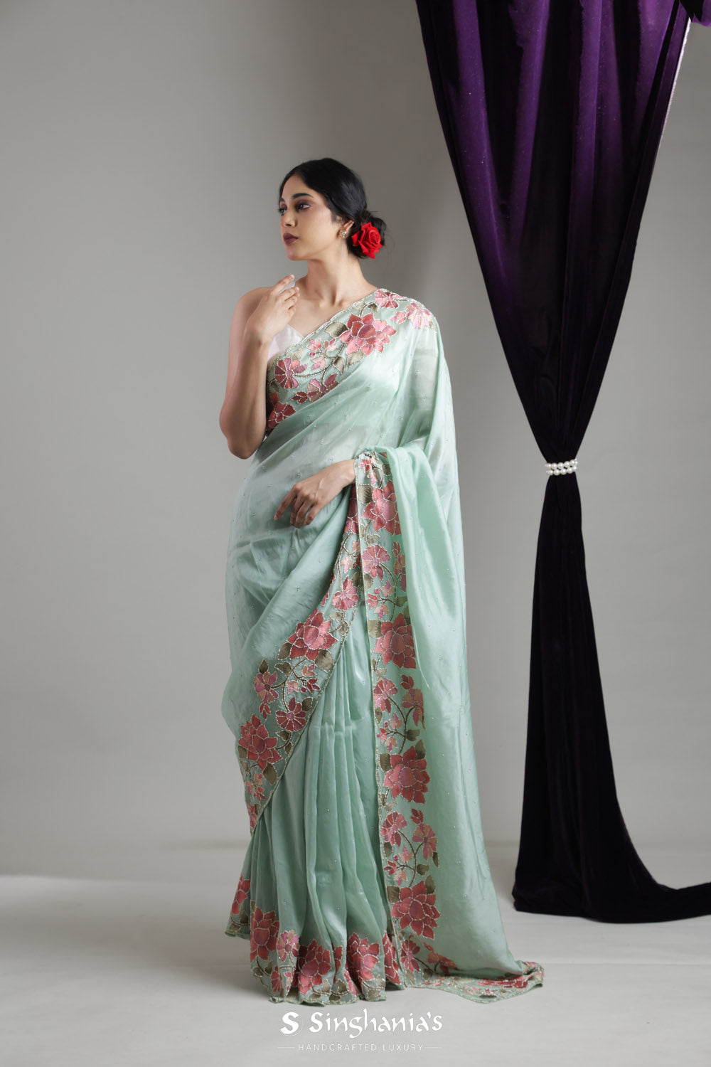 Brook Green Organza Designer Saree With Embroidery Border