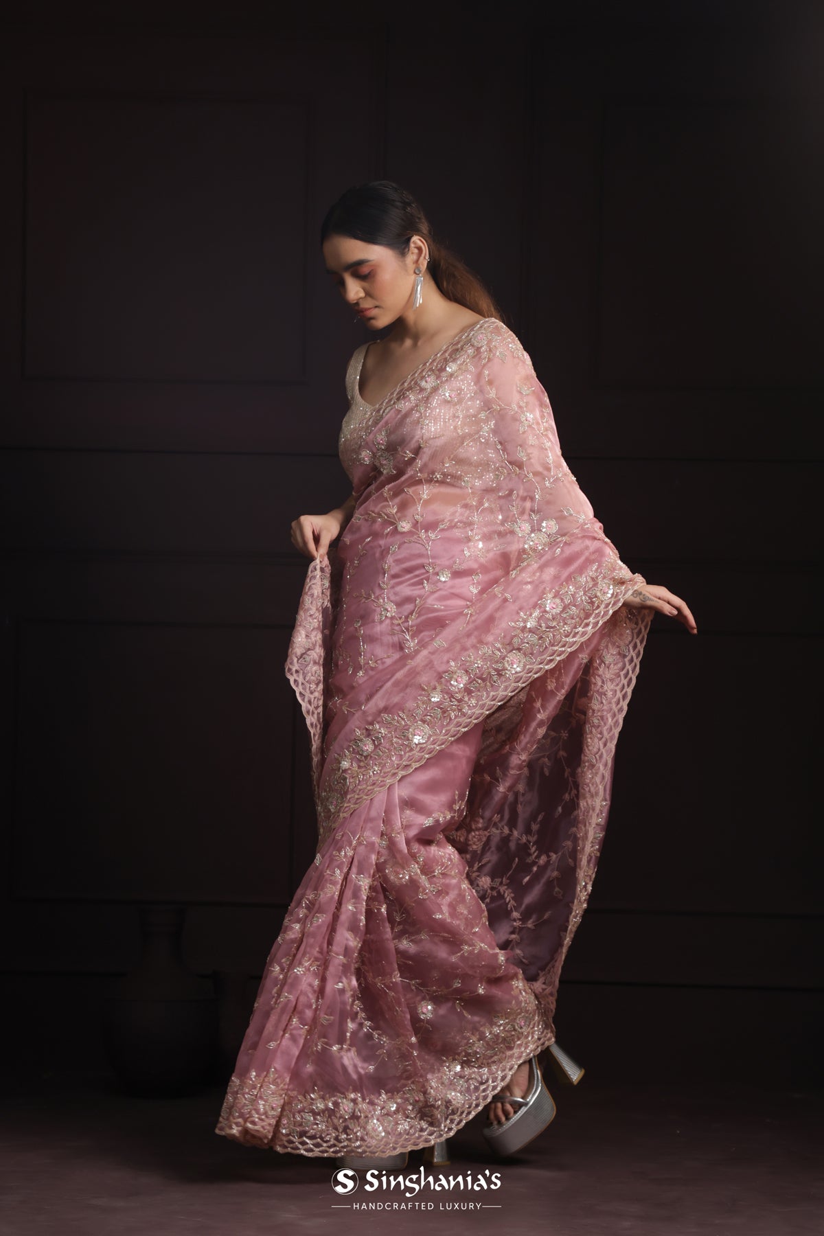 Tea Rose Pink Handcrafted Organza Saree With Embroidery