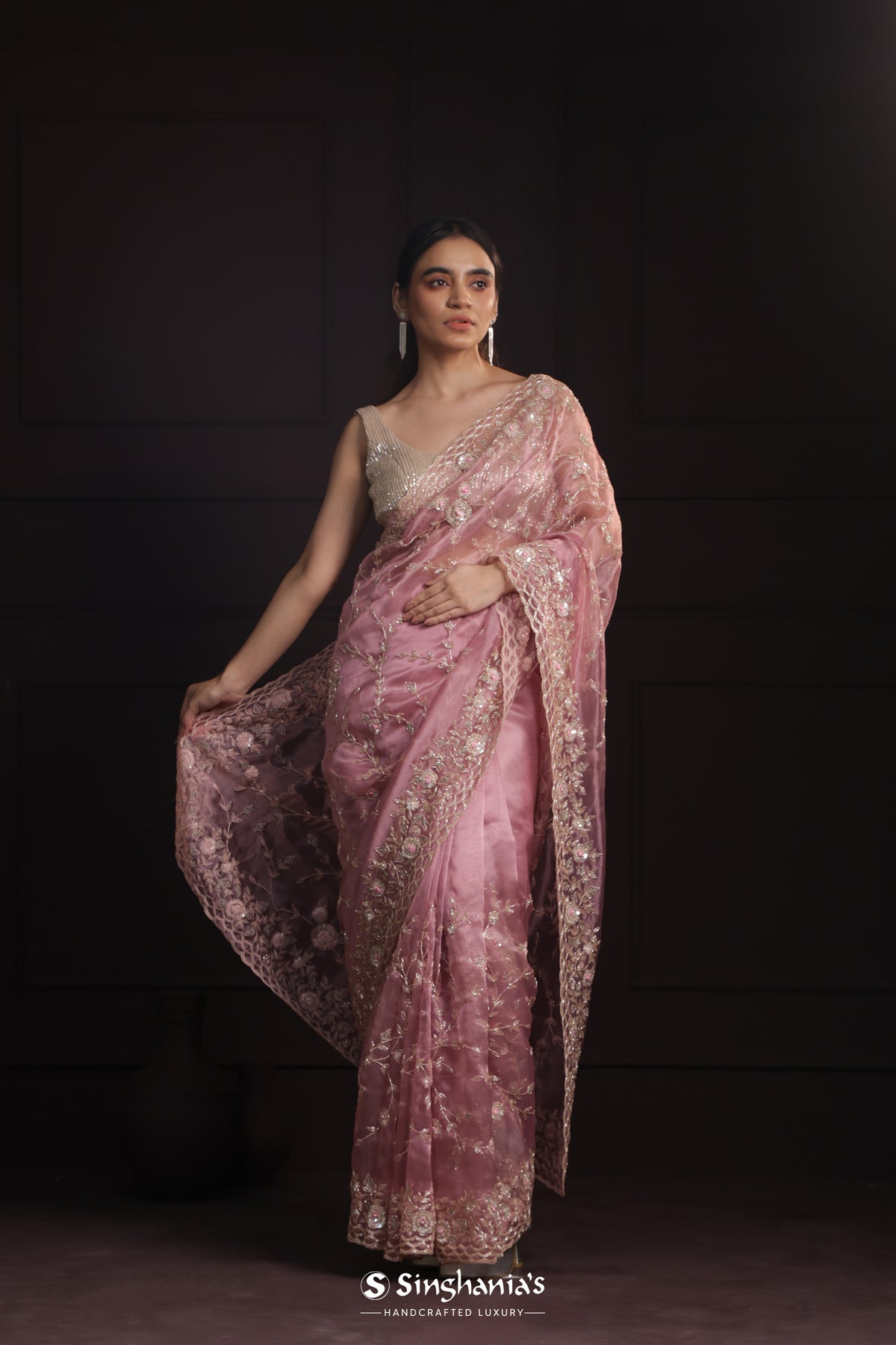 Tea Rose Pink Handcrafted Organza Saree With Embroidery