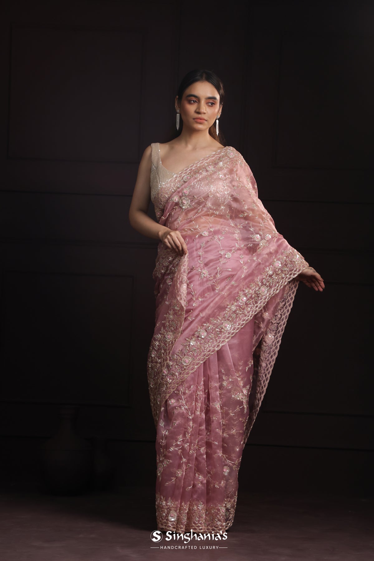 Tea Rose Pink Handcrafted Organza Saree With Embroidery