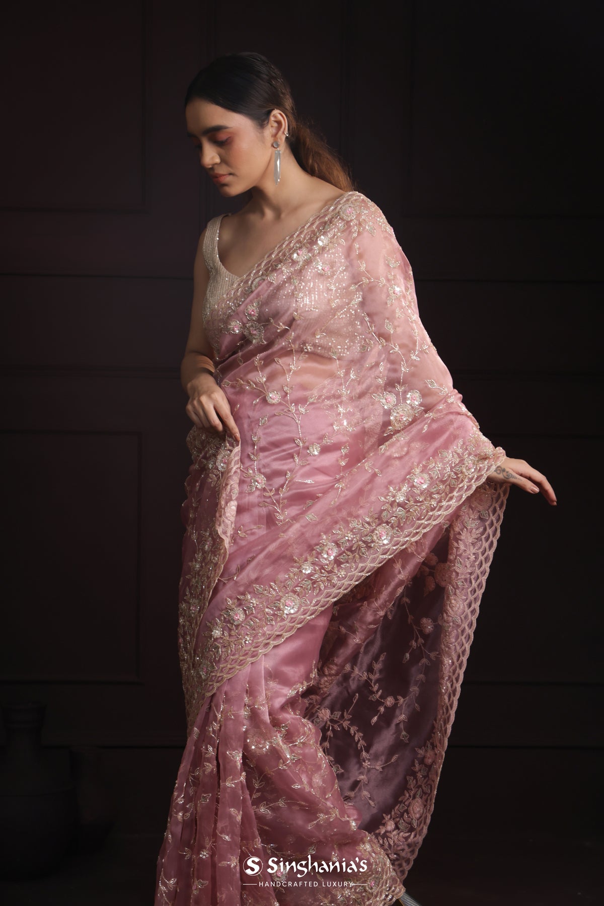 Tea Rose Pink Handcrafted Organza Saree With Embroidery