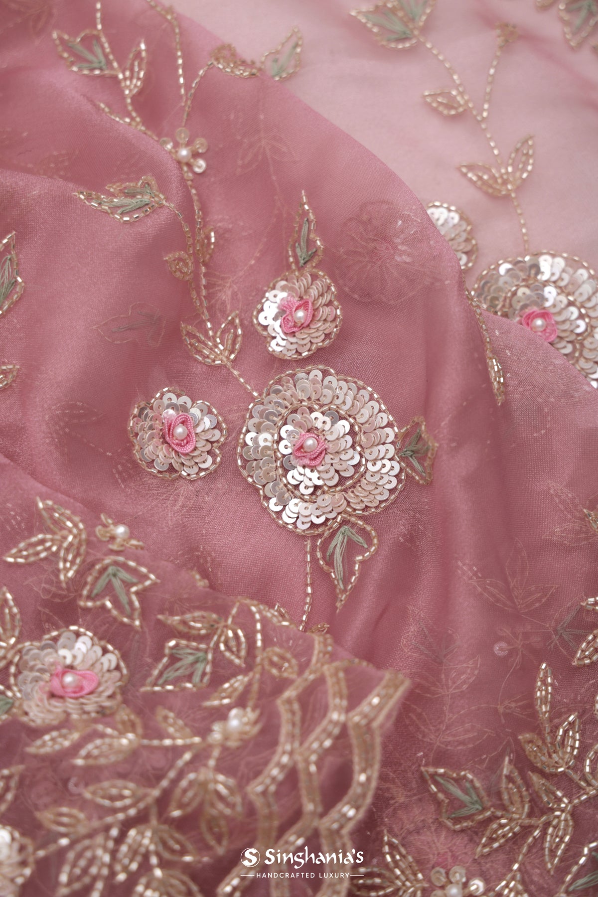 Tea Rose Pink Handcrafted Organza Saree With Embroidery