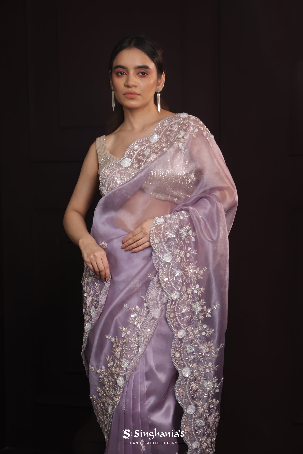 Heather Purple Designer Tissue Organza Saree