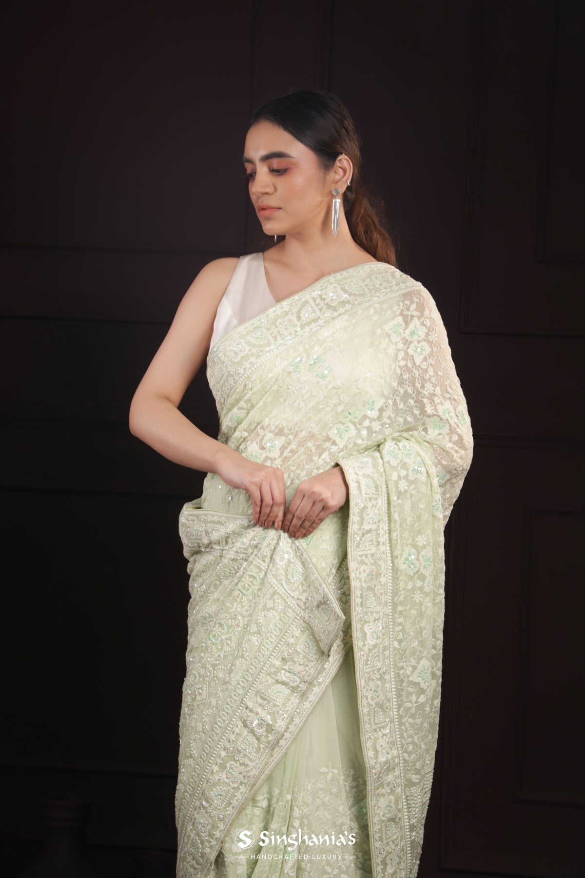 Mint Green Georgette Saree With Hand Embroidery