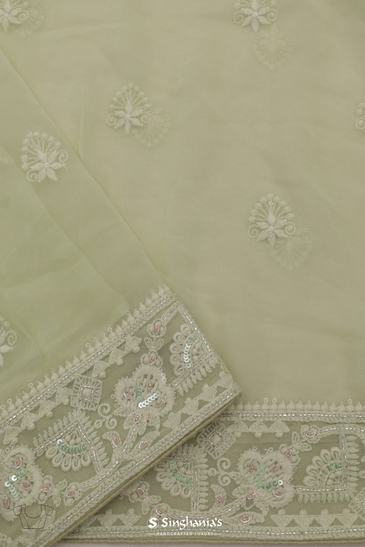 Mint Green Georgette Saree With Hand Embroidery