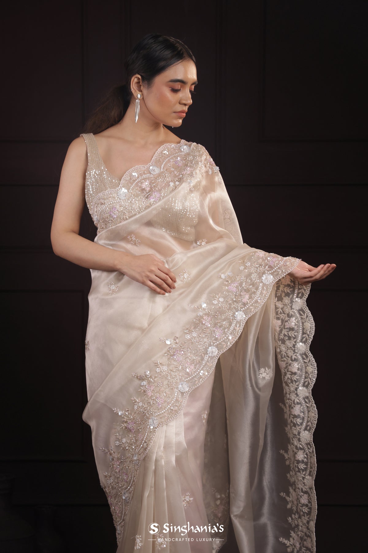 Cocoa Cream Designer Tissue Organza Saree With Embroidery