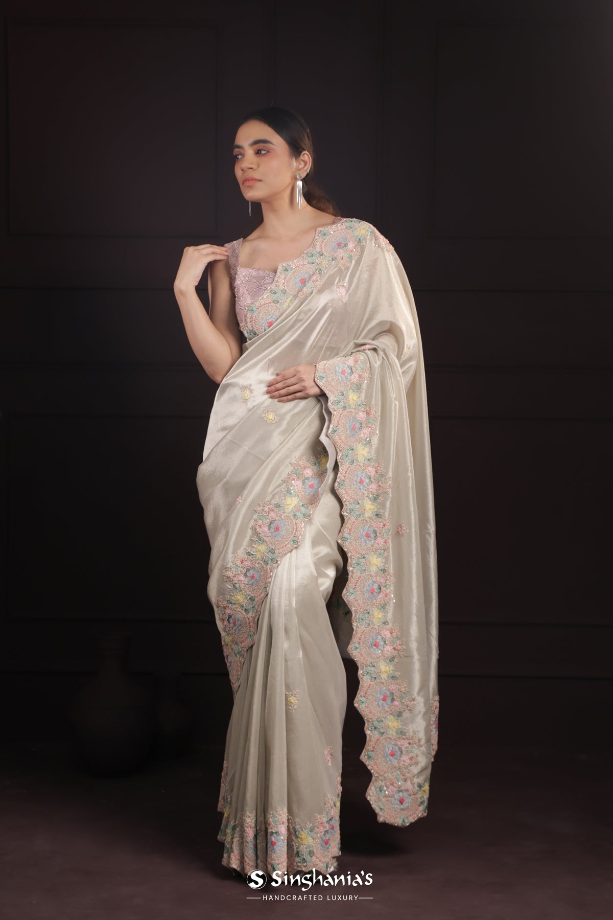 Gentle Gray Designer Tissue Organza Saree With Embroidery