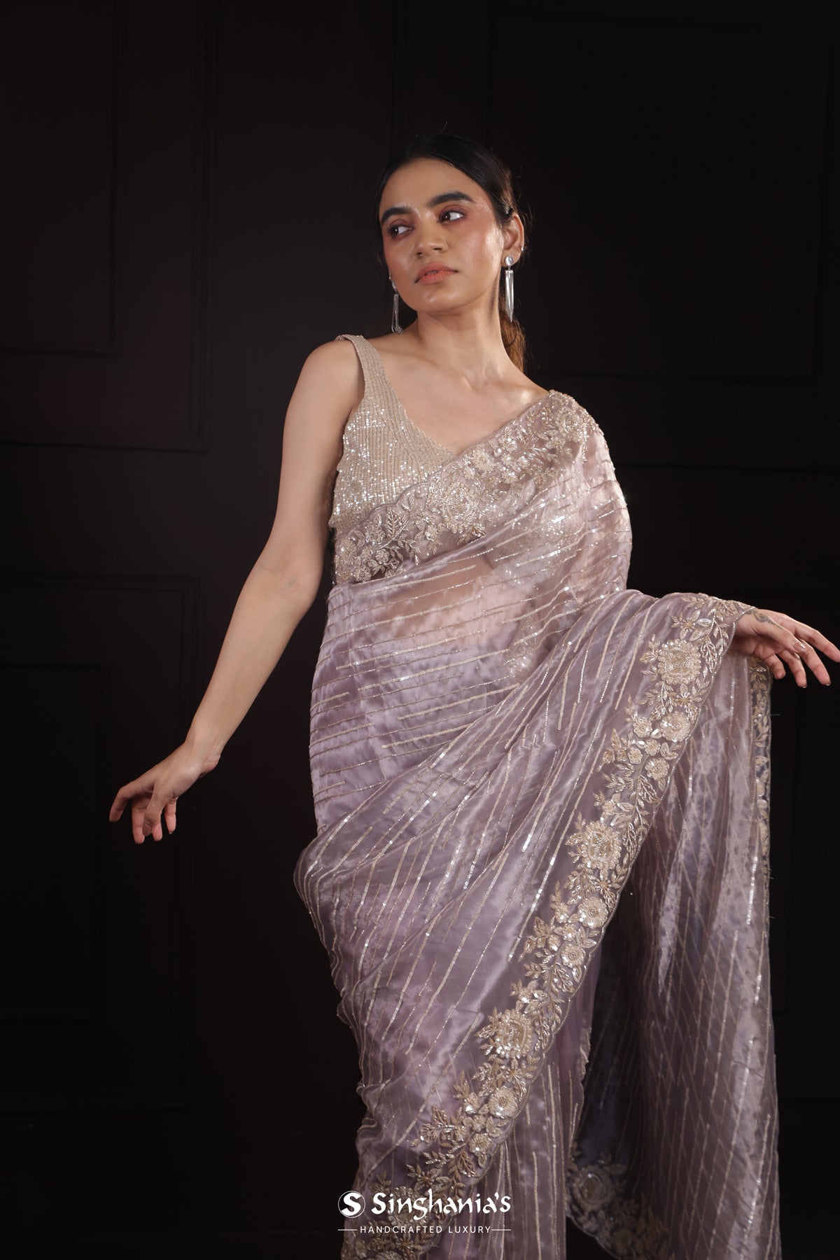 Pale Purple Designer Tissue Organza Saree With Embroidery