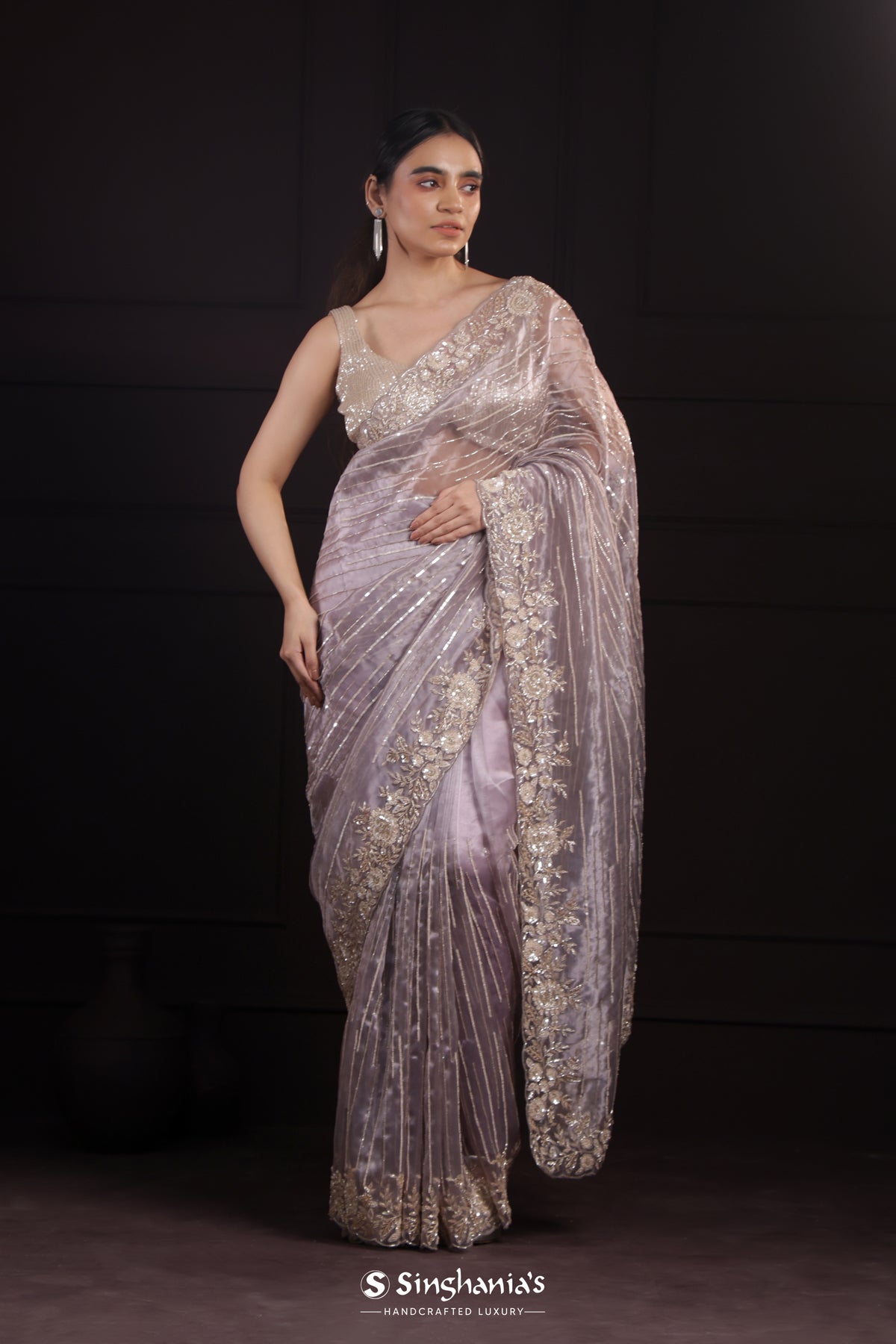 Pale Purple Designer Tissue Organza Saree With Embroidery