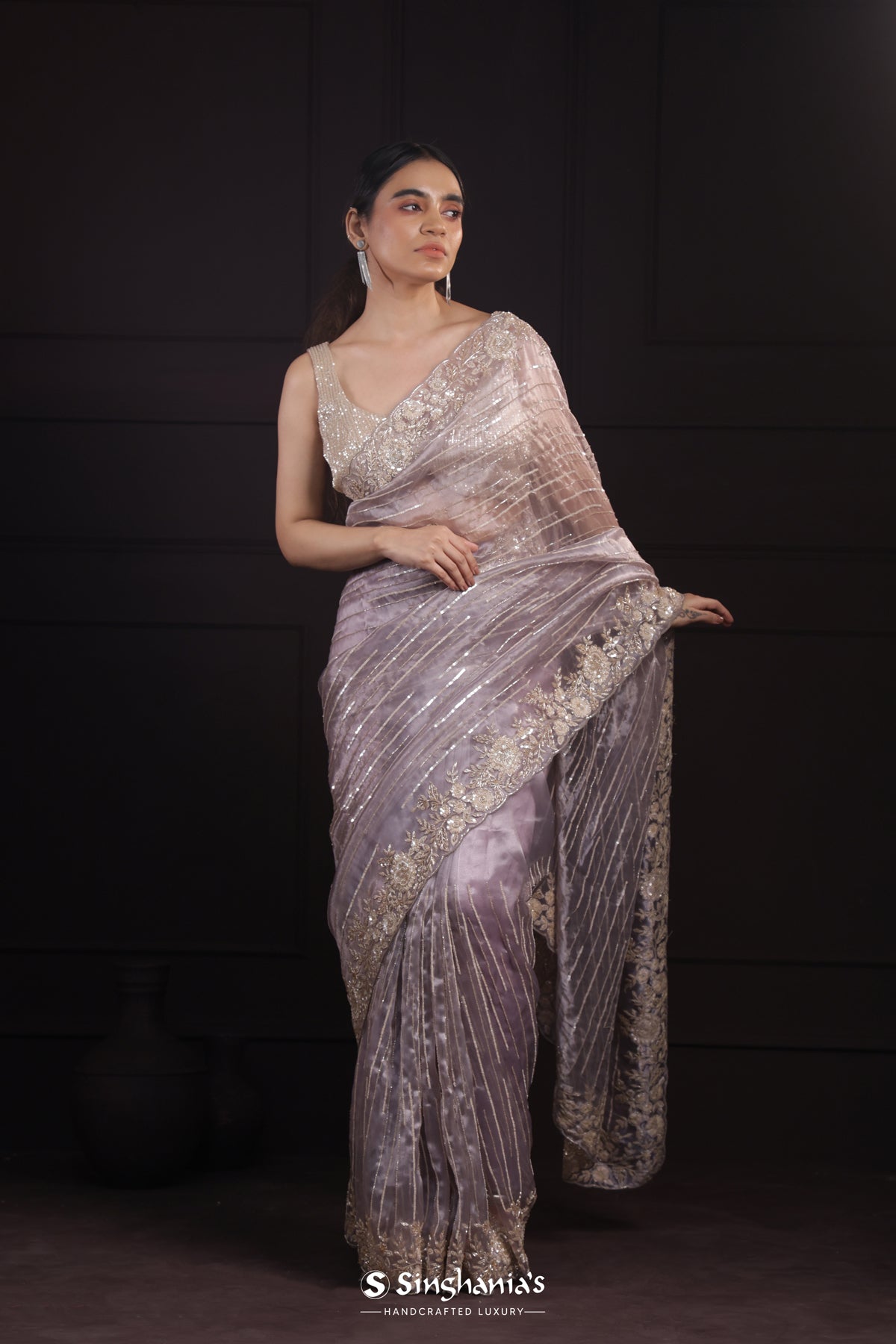 Pale Purple Designer Tissue Organza Saree With Embroidery