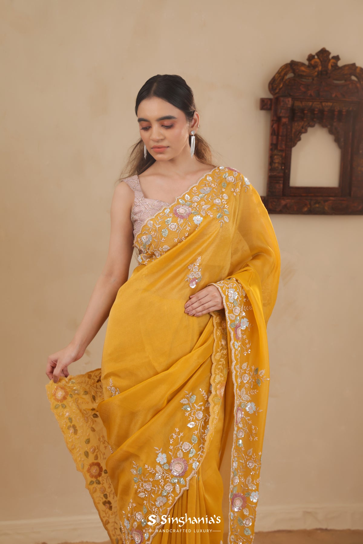 Mango Yellow Organza Saree With Hand Embroidery