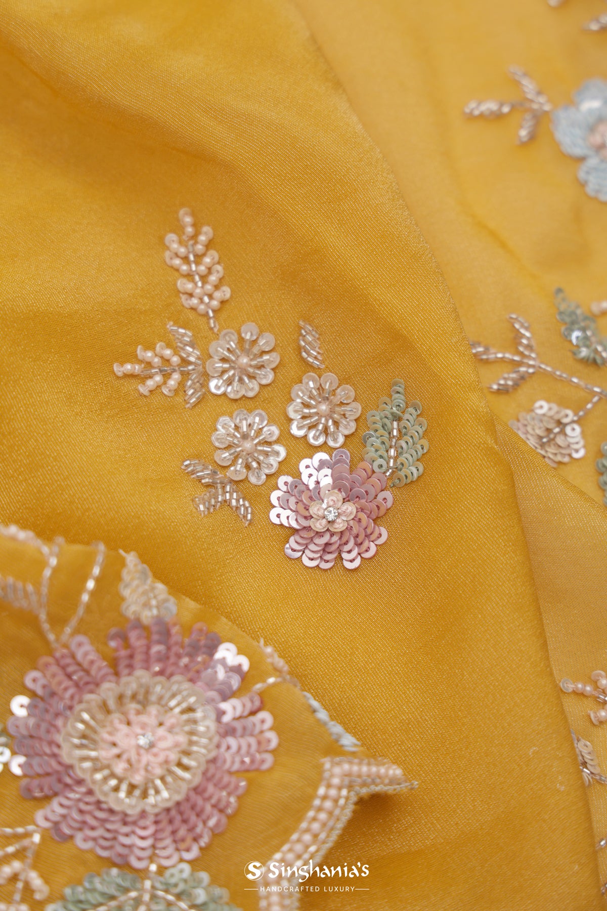 Mango Yellow Organza Saree With Hand Embroidery