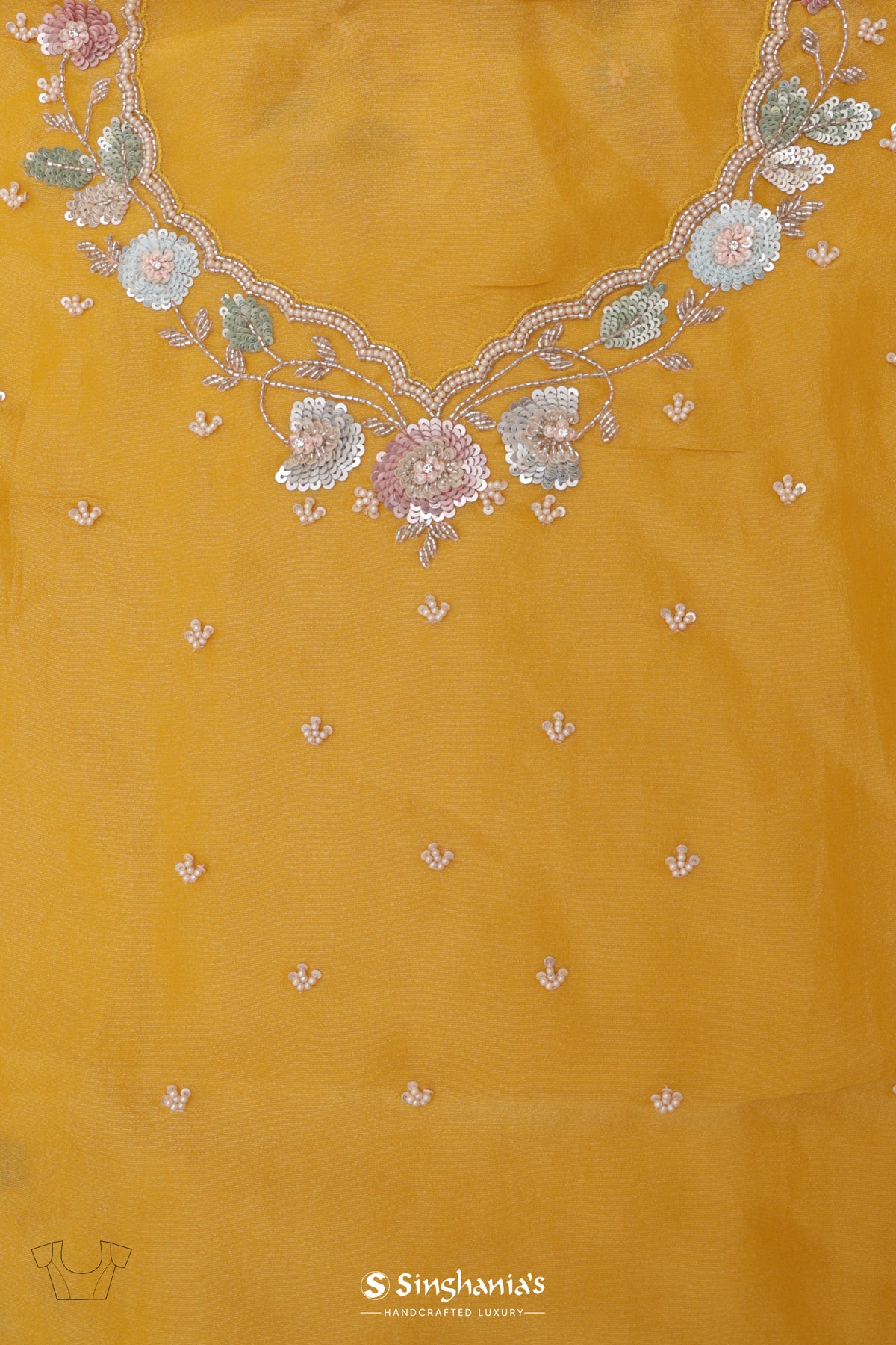 Mango Yellow Organza Saree With Hand Embroidery