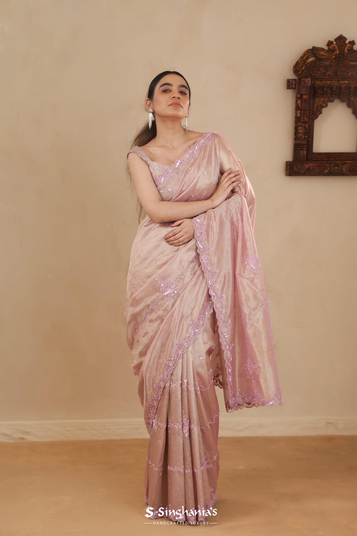 Onion Pink Handcrafted Tissue Organza Saree