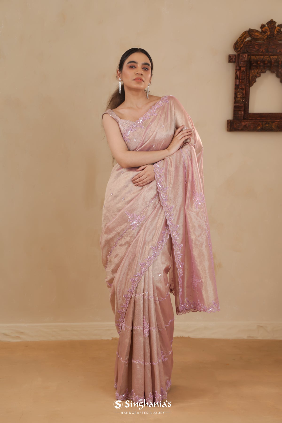 Onion Pink Handcrafted Tissue Organza Saree