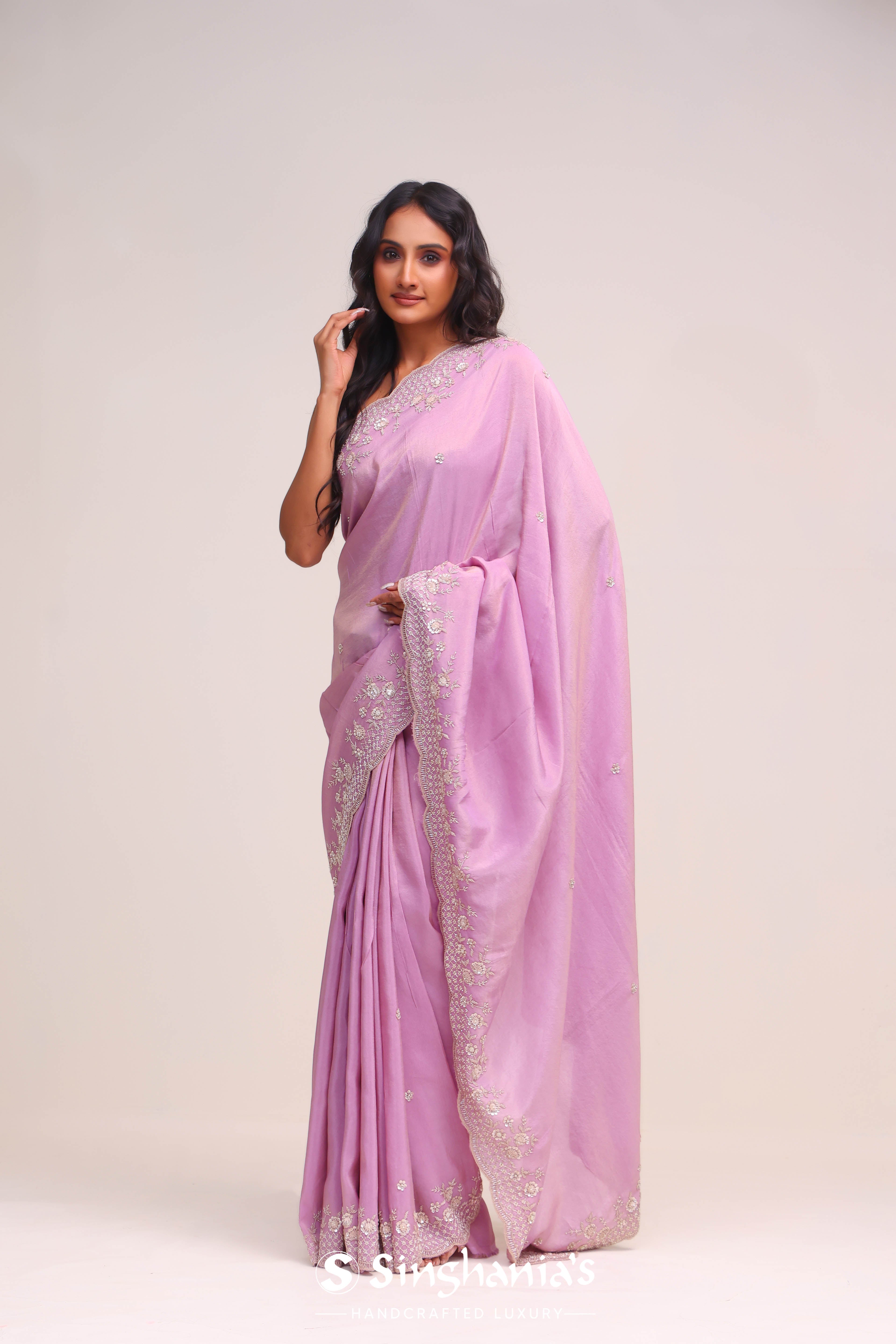 Plum Purple Tissue Saree With Hand Embroidery