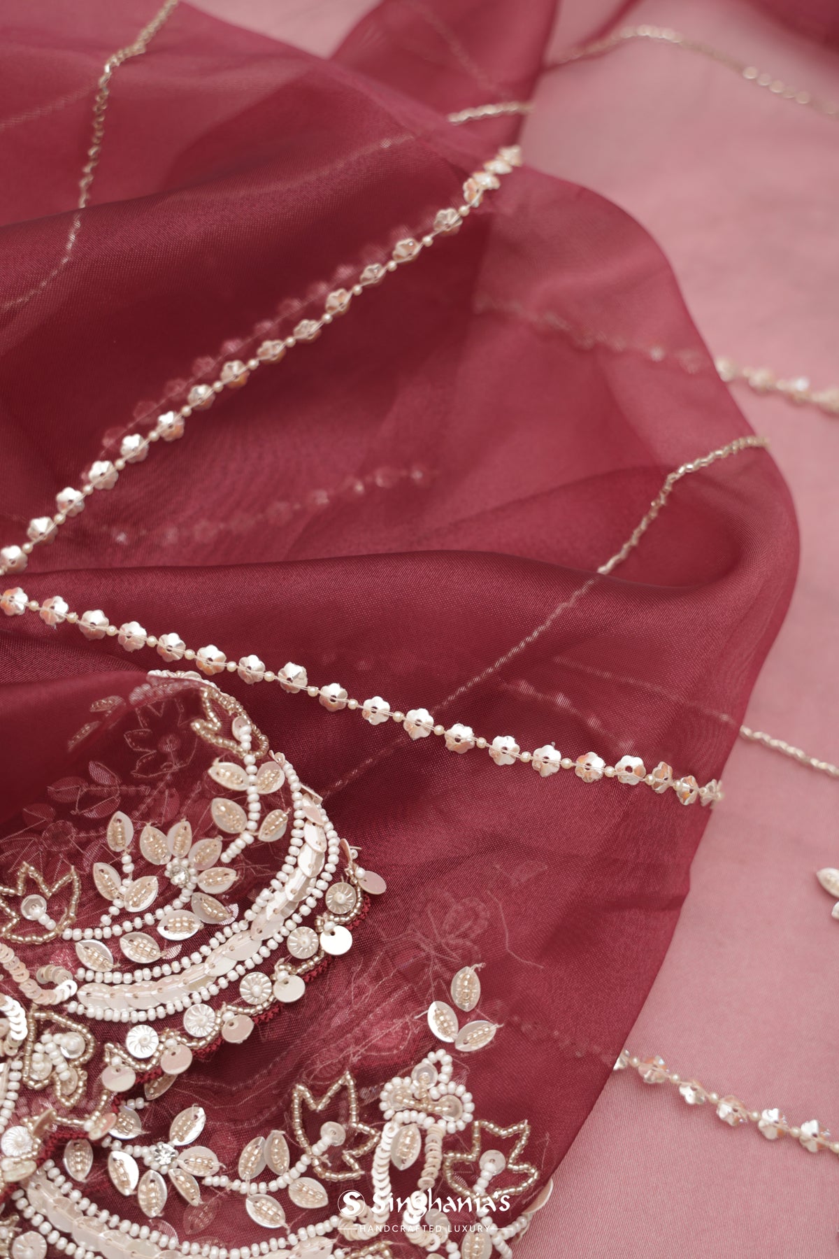 Wine Red Organza Saree With Hand Embroidery