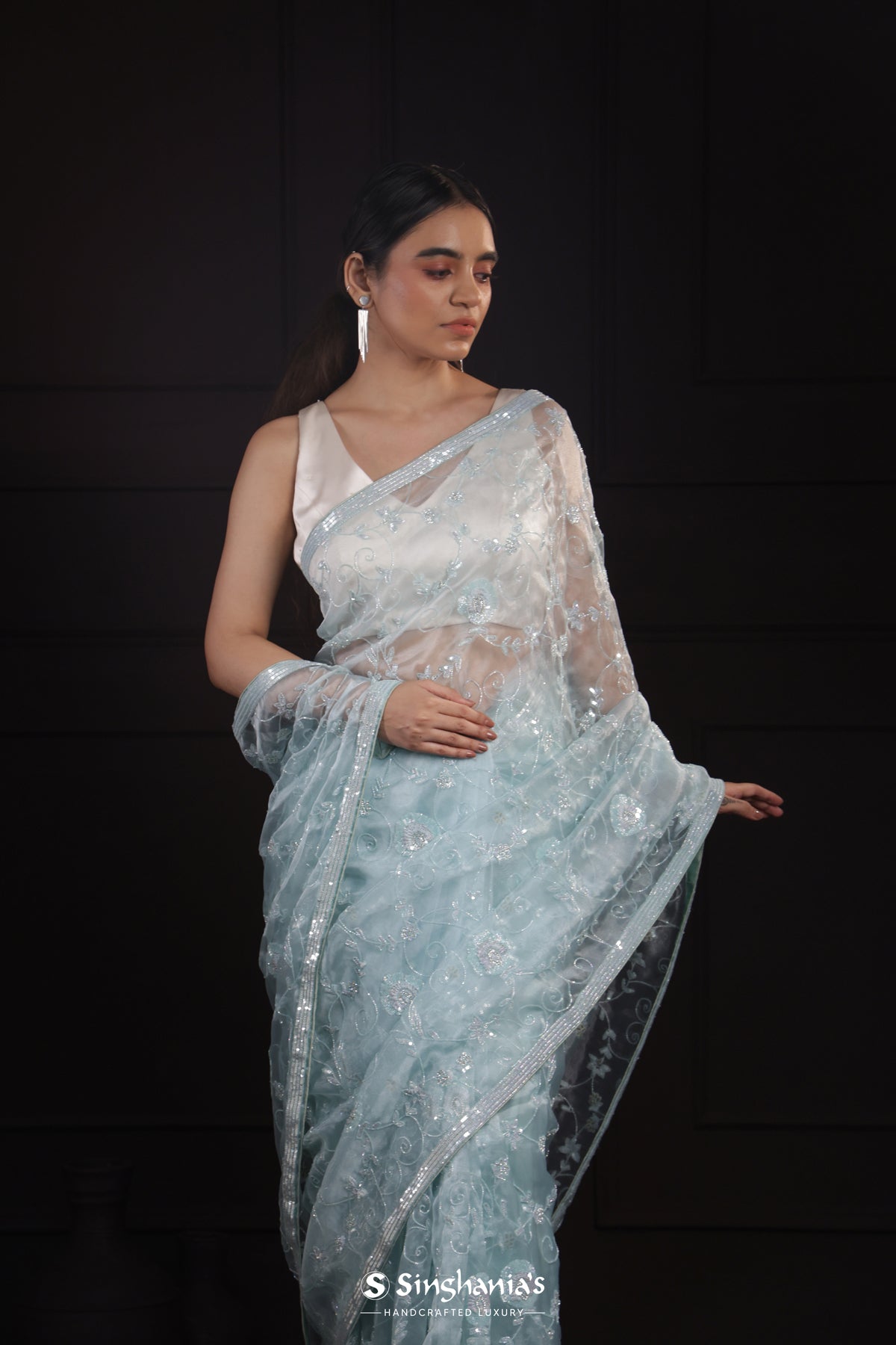 Pastel Sky Blue Handcrafted Organza Saree