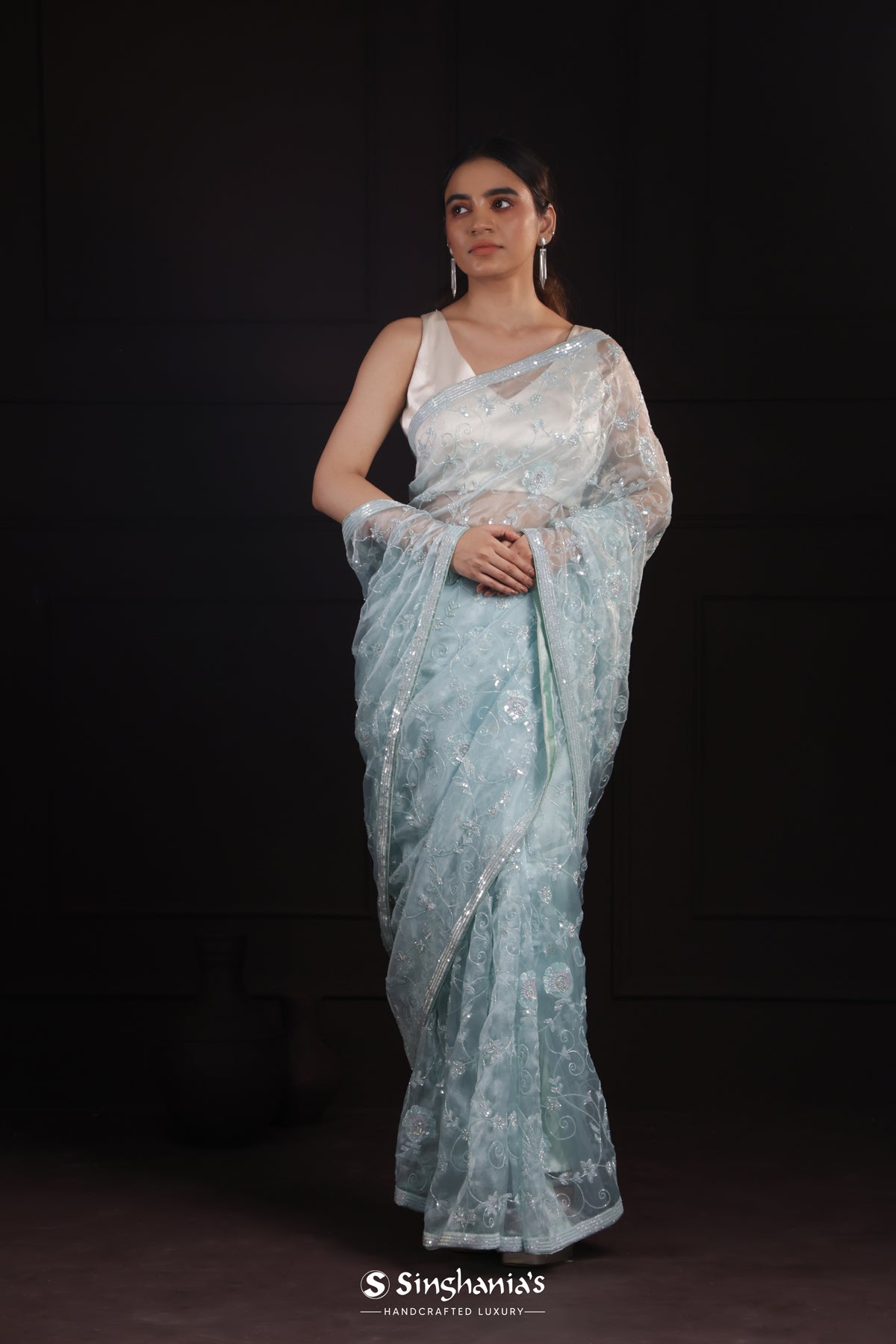 Pastel Sky Blue Handcrafted Organza Saree