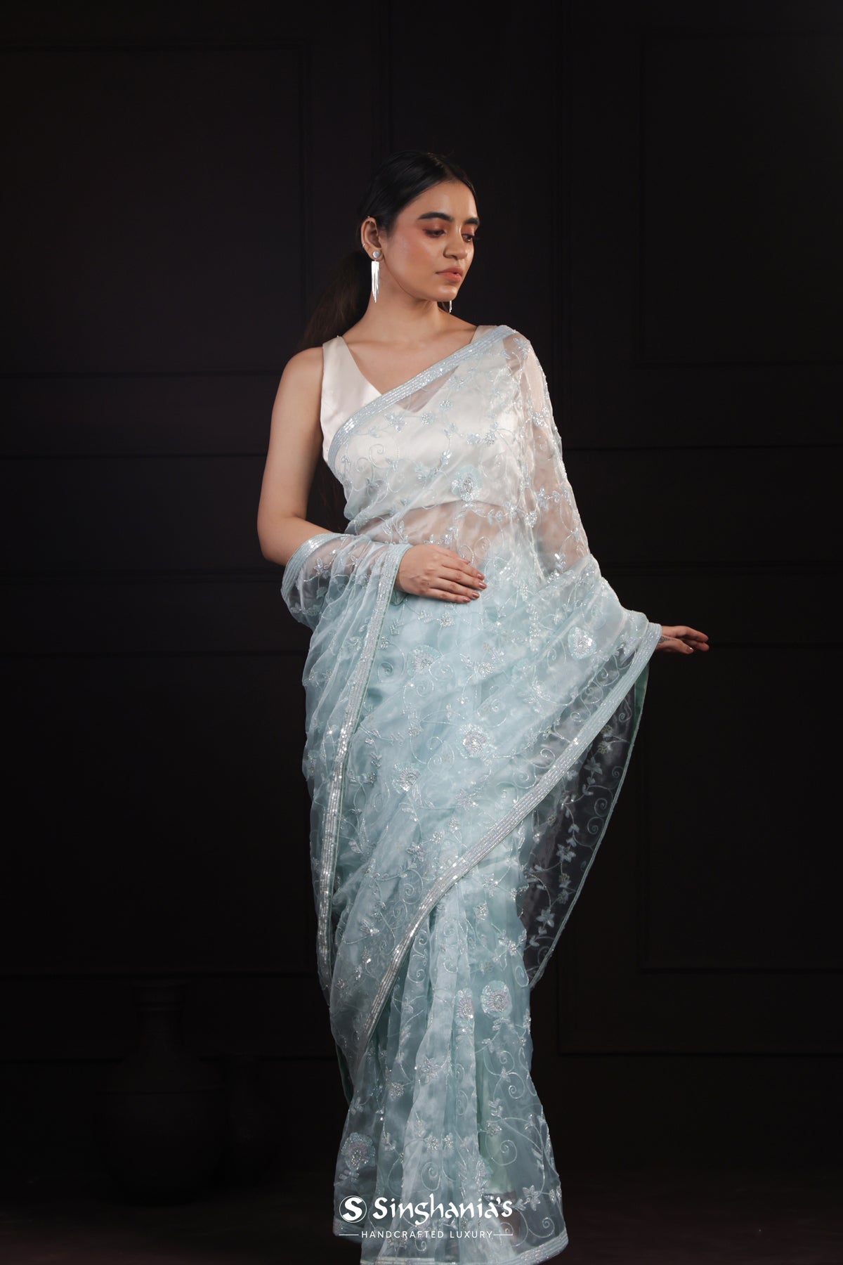 Pastel Sky Blue Handcrafted Organza Saree