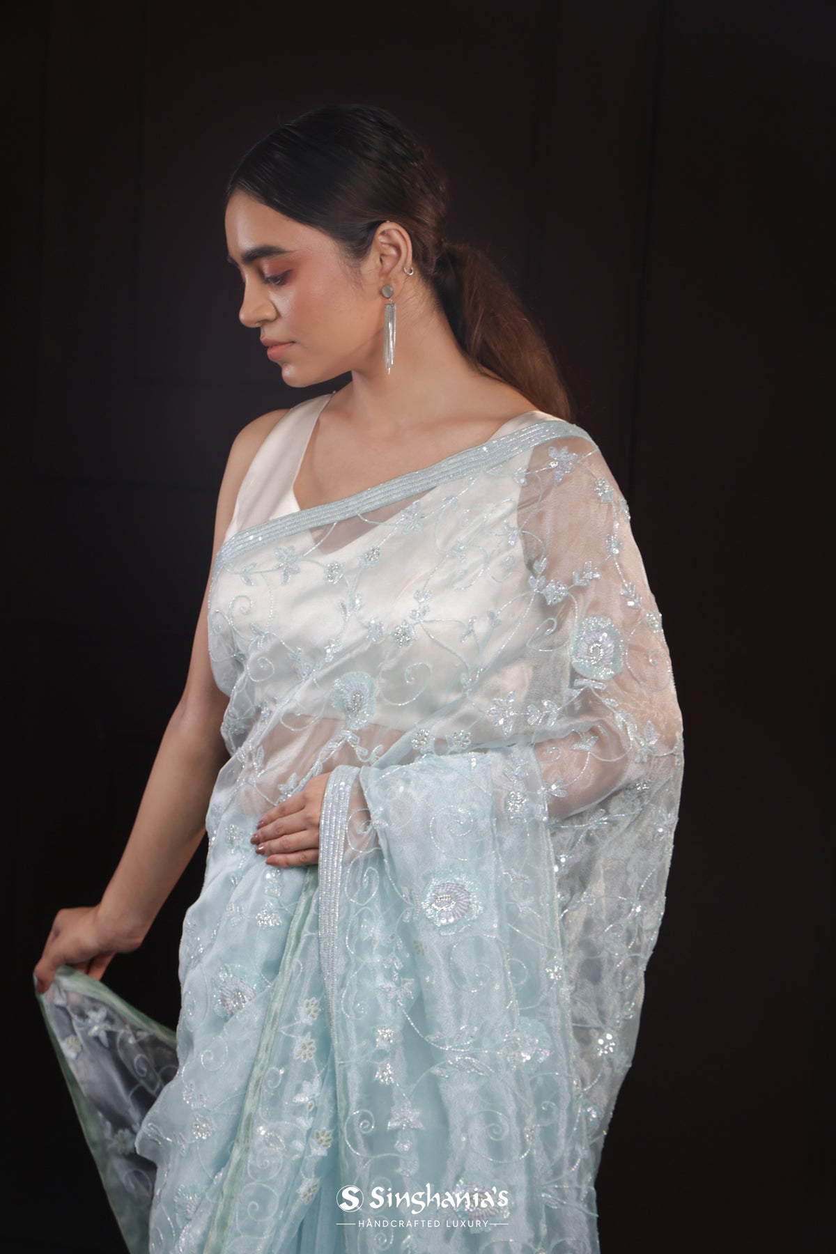 Pastel Sky Blue Handcrafted Organza Saree