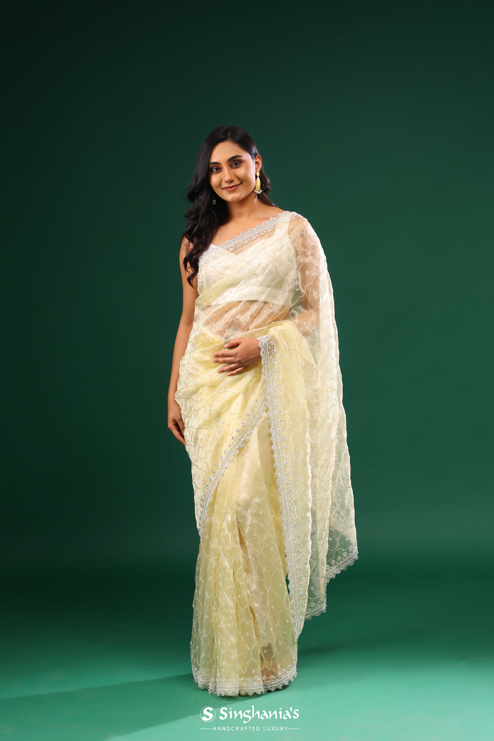 Tender Yellow Tissue Organza Saree With Jaal Embroidery