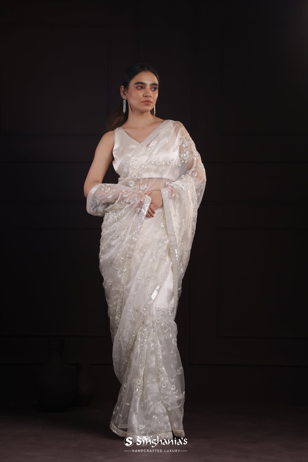 Milk White Tissue Organza Saree With Hand Embroidery