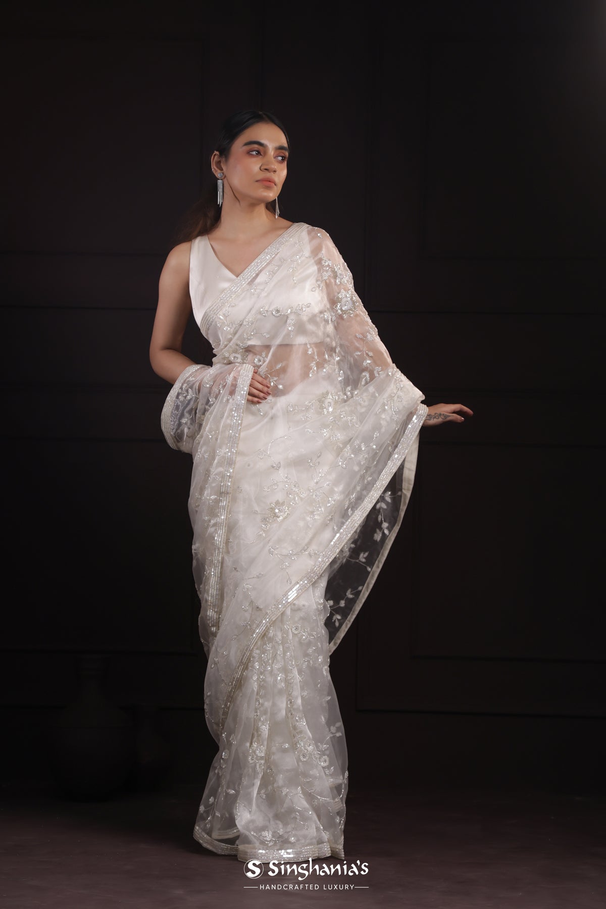 Milk White Tissue Organza Saree With Hand Embroidery