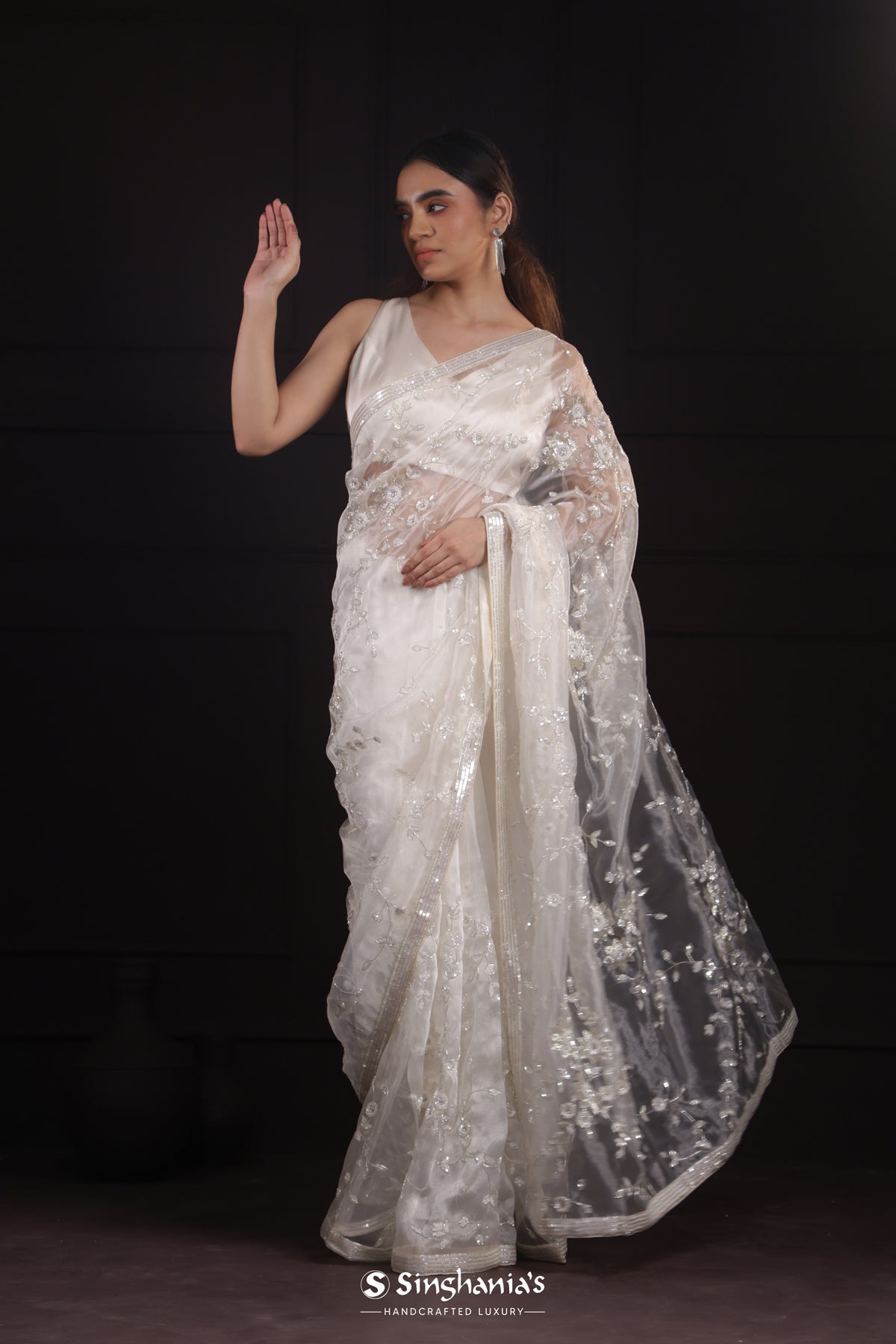 Milk White Tissue Organza Saree With Hand Embroidery