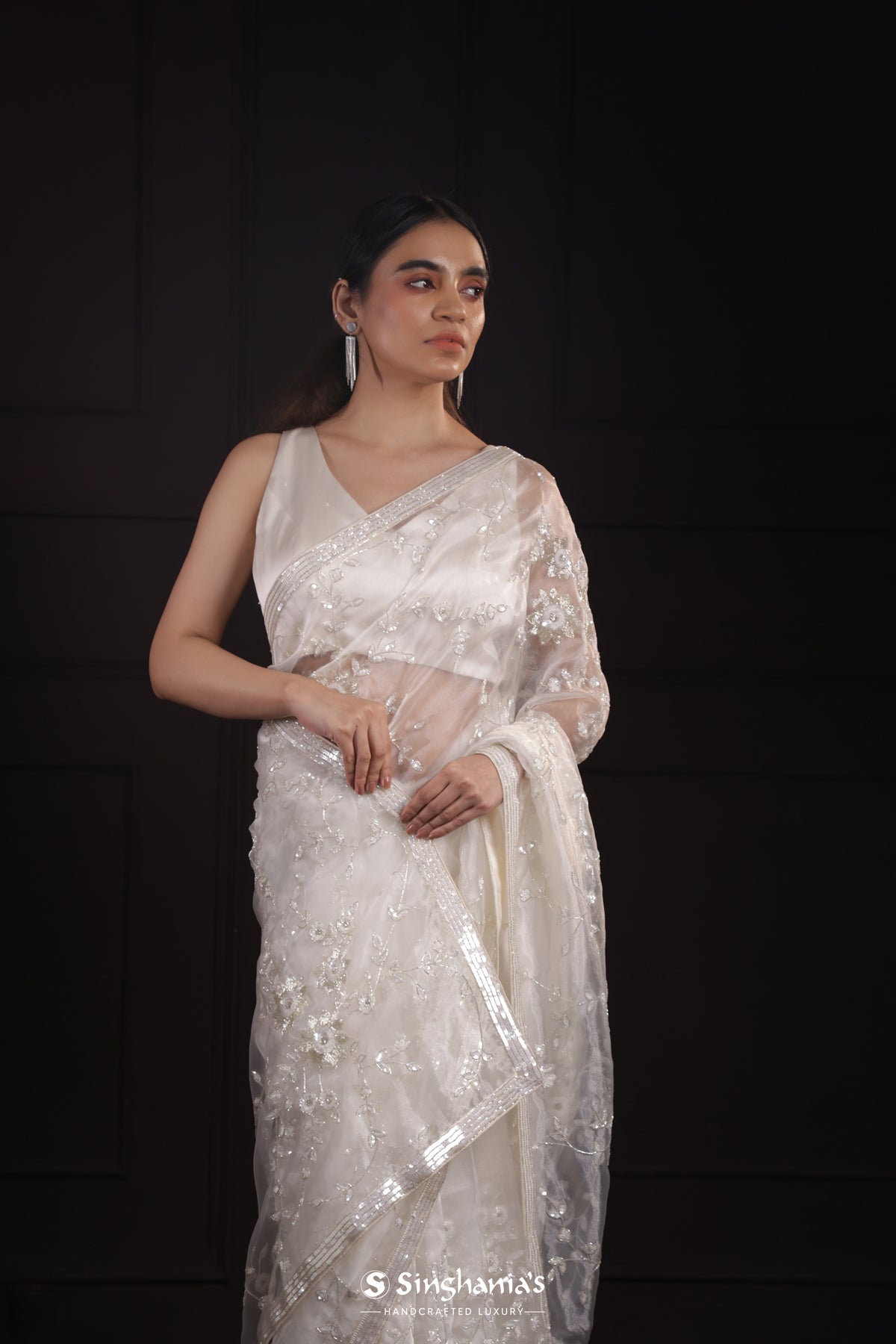 Milk White Tissue Organza Saree With Hand Embroidery