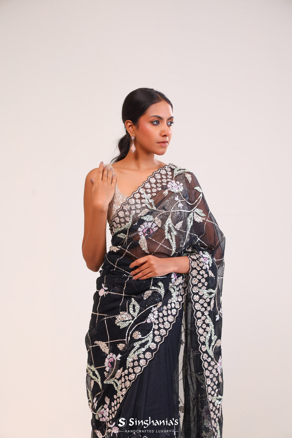 Jade Black Organza Handcrafted Saree