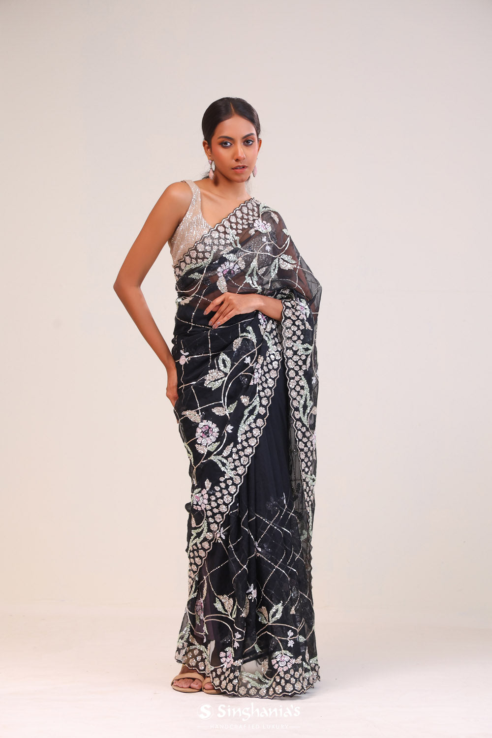 Jade Black Organza Handcrafted Saree