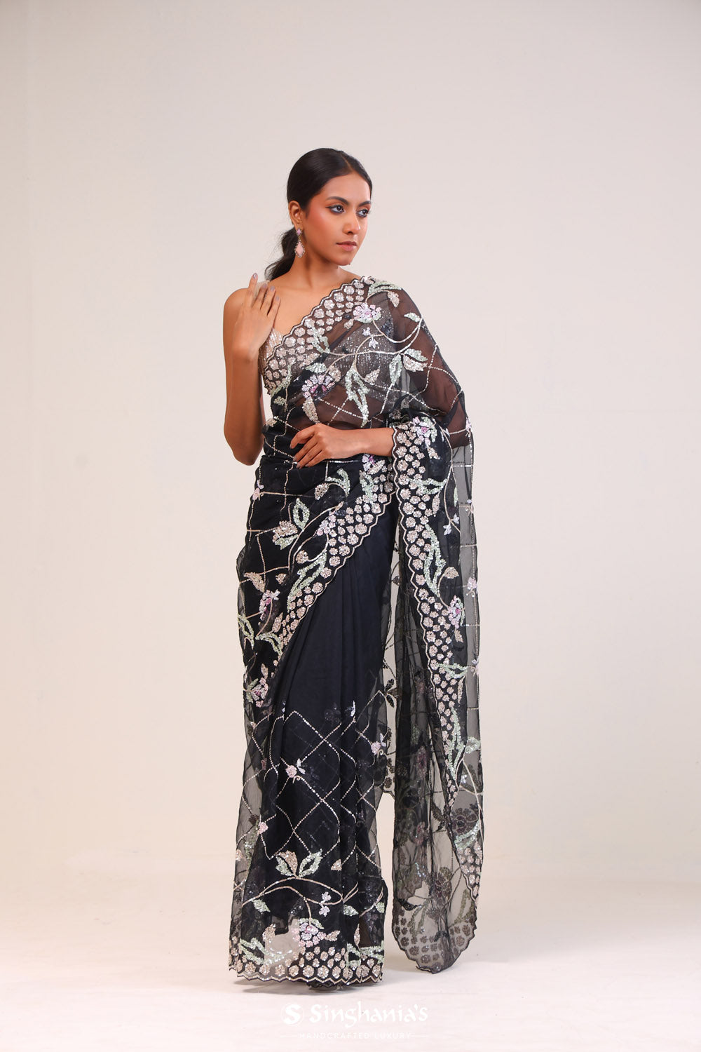 Jade Black Organza Handcrafted Saree