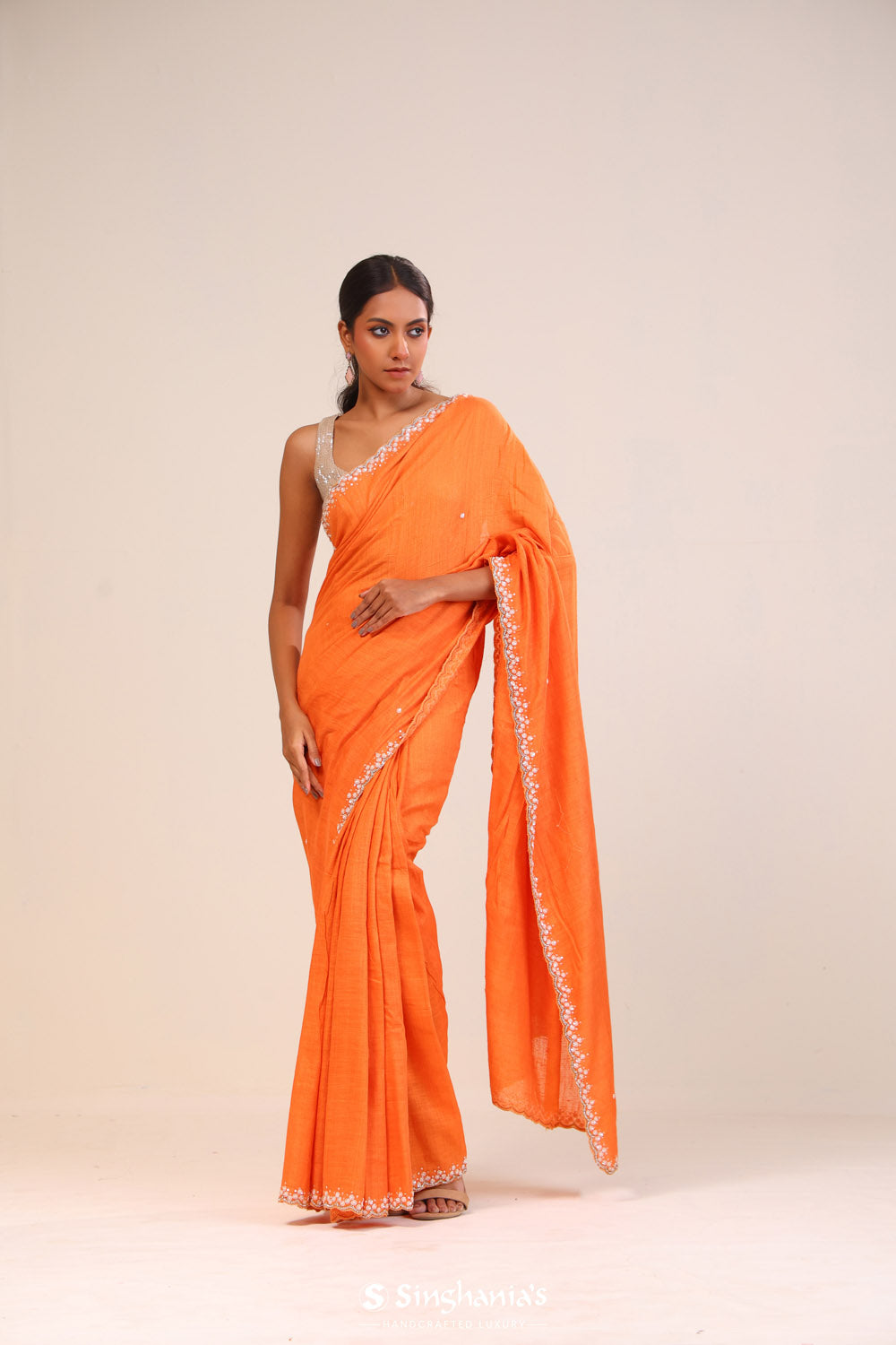 Bright Orange Matka Silk Handcrafted Saree