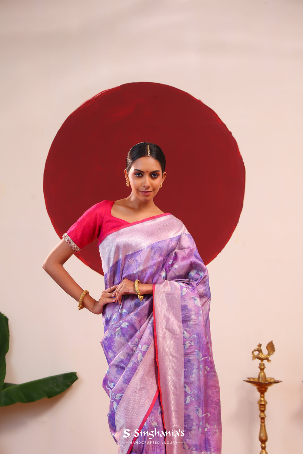 Pastel Purple Banarasi Silk Saree With Floral-Stork