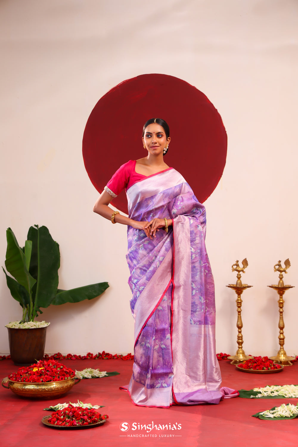 Pastel Purple Banarasi Silk Saree With Floral-Stork