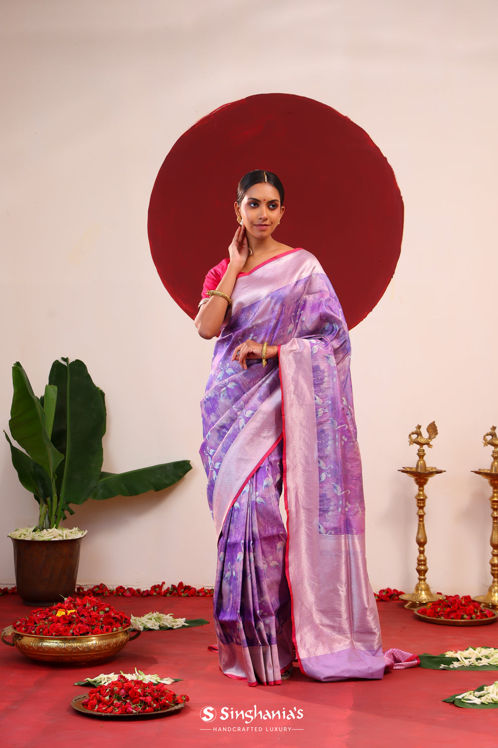 Pastel Purple Banarasi Silk Saree With Floral-Stork