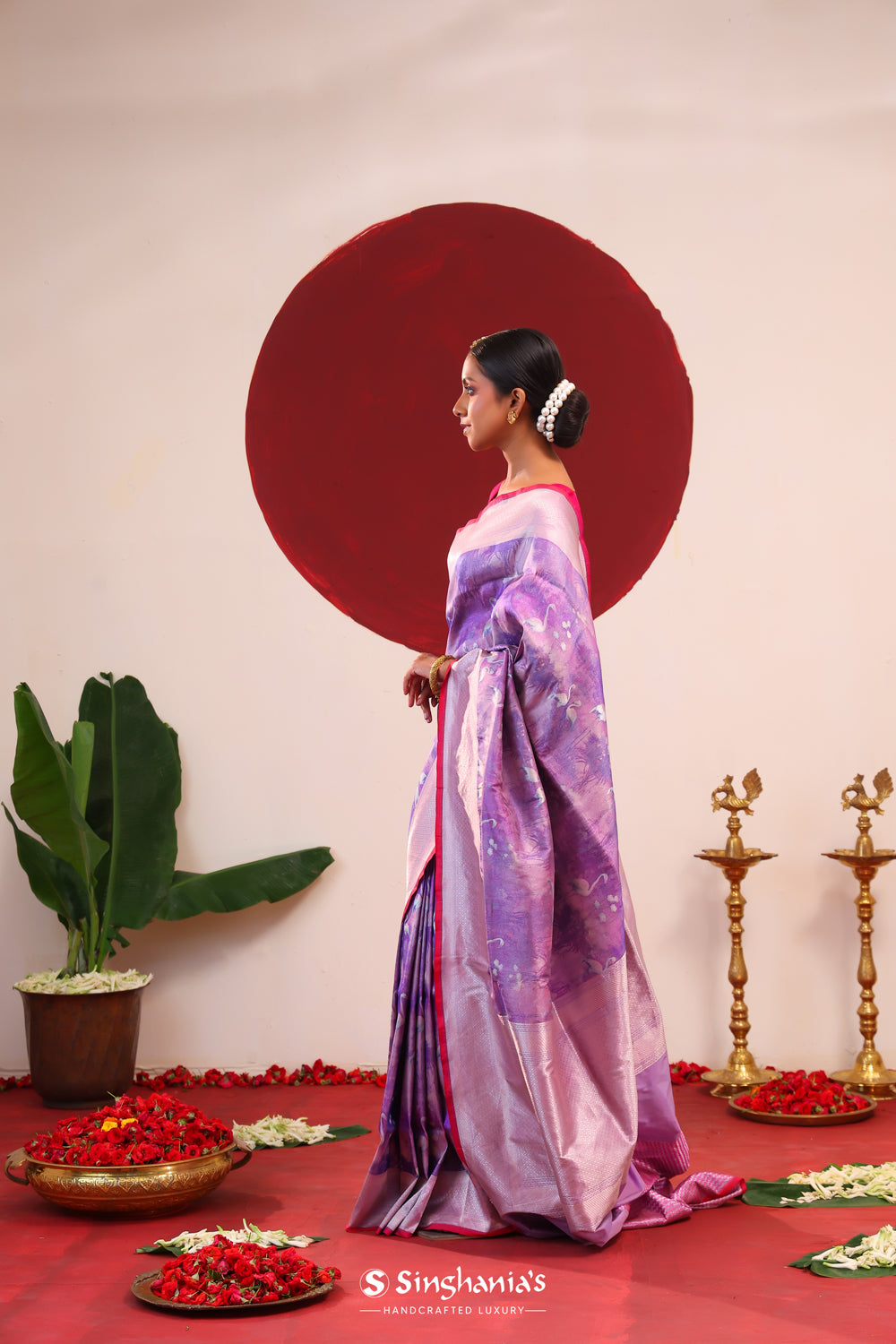 Pastel Purple Banarasi Silk Saree With Floral-Stork