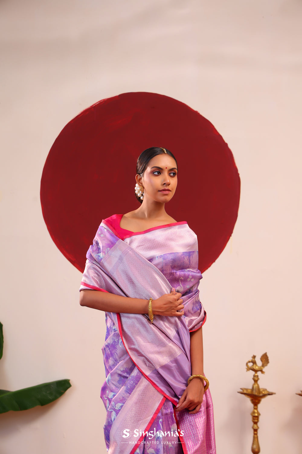 Pastel Purple Banarasi Silk Saree With Floral-Stork