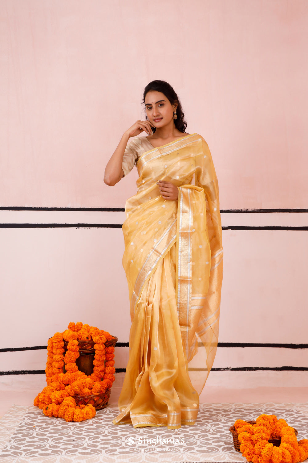 Pastel Gold Tissue Banarasi Saree With Zari Buttis