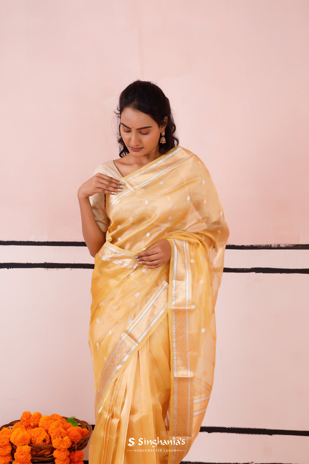 Pastel Gold Tissue Banarasi Saree With Zari Buttis