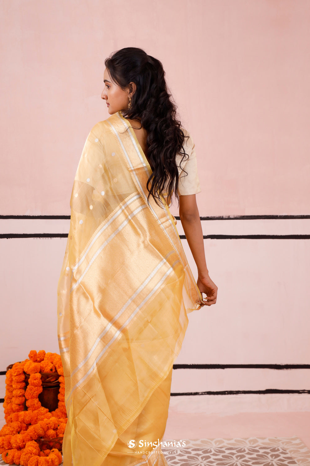 Pastel Gold Tissue Banarasi Saree With Zari Buttis