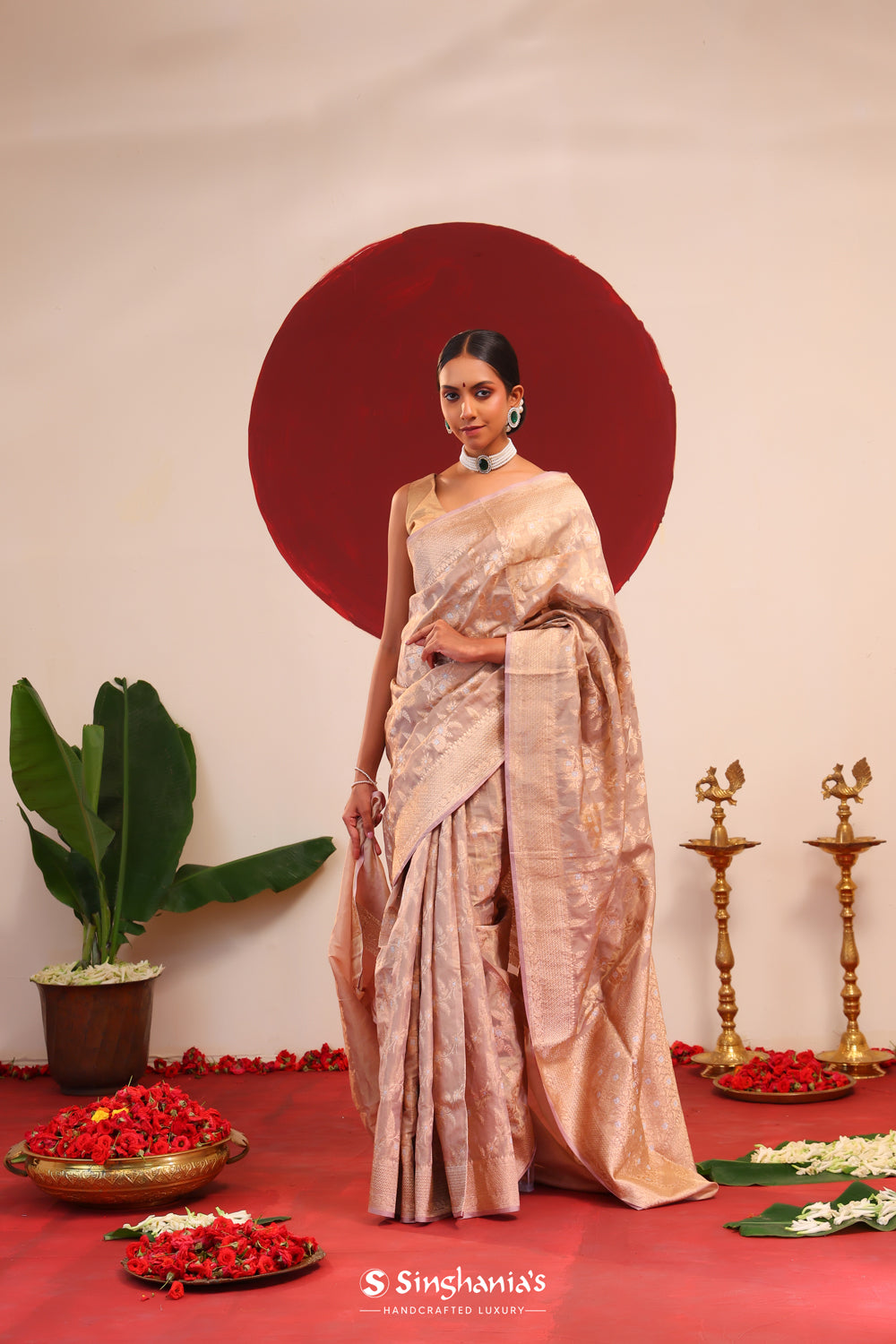 Golden Beige Tissue Banarasi Saree With Floral Accents