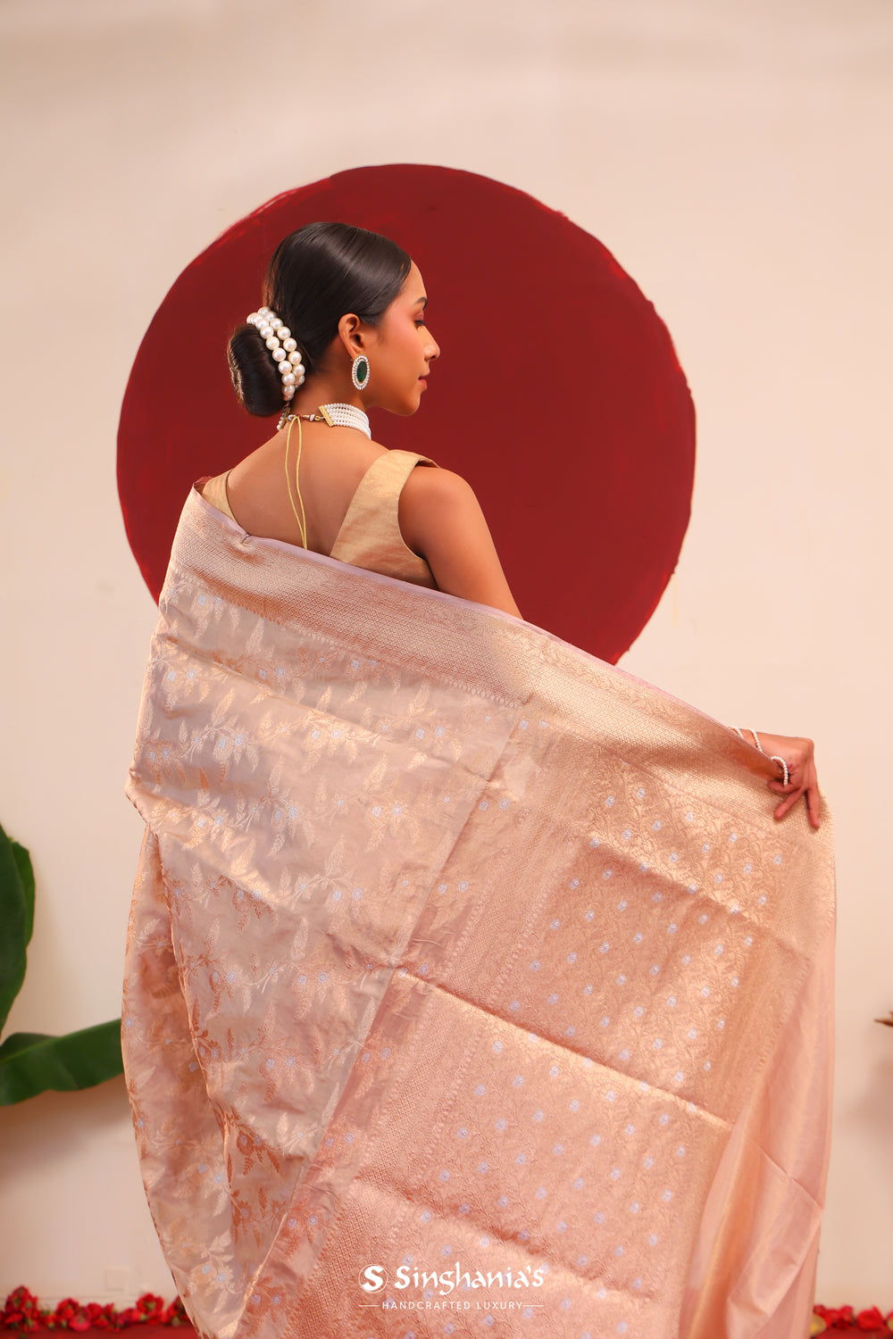 Golden Beige Tissue Banarasi Saree With Floral Accents