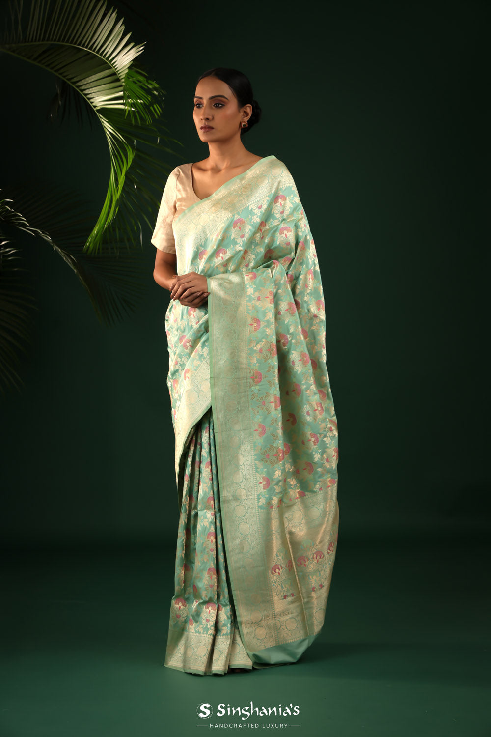 Soft Green Banarasi Silk Saree With Meenakari Floral Jaal