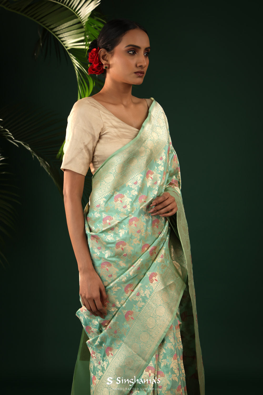 Soft Green Banarasi Silk Saree With Meenakari Floral Jaal