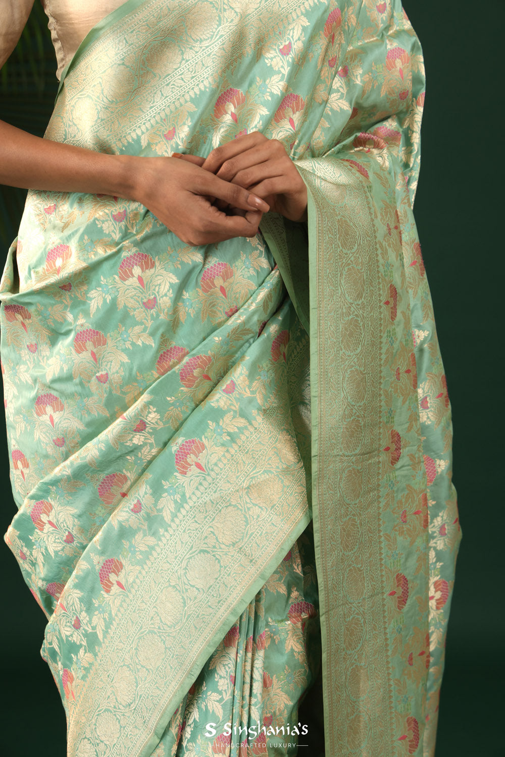 Soft Green Banarasi Silk Saree With Meenakari Floral Jaal