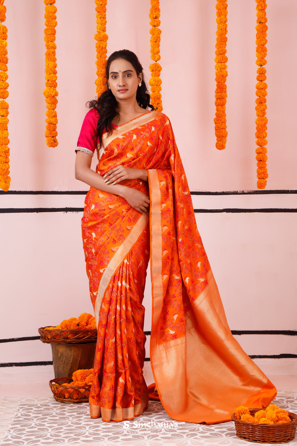 Vivid Orange Banarasi Satin Saree With Floral-Fauna Elegance