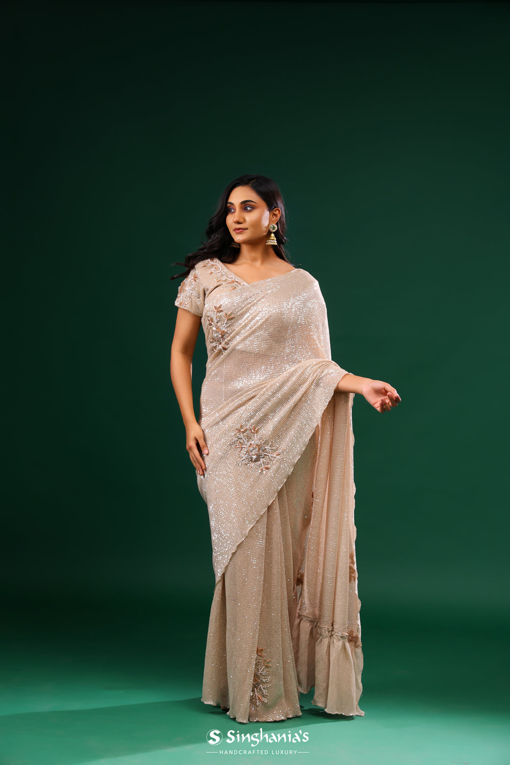 Oyster Pink Net Designer Saree With Floral Embroidery